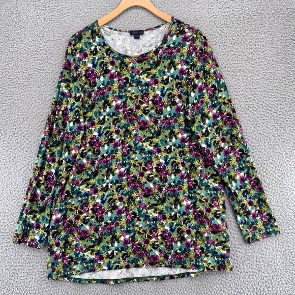 J Jill Top Womens Medium Green Multi Floral Wearever Long Sleeve Tunic Stretch - Picture 1 of 10
